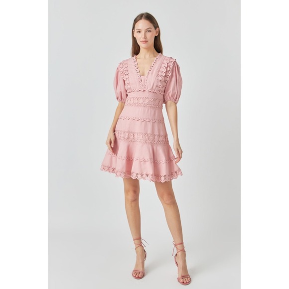 Endless Rose Dresses & Skirts - NWT Endless Rose Plunging Lace Trim Puff Sleeve Dress Dusty Pink Size L